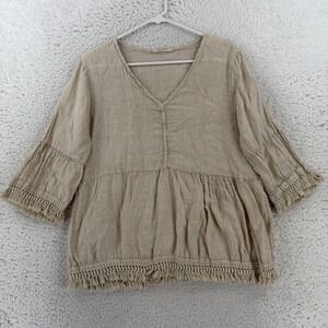 Meo Meli Blouse Womens L Beige V Neck 3/4 Bell Sleeve Fringe Linen Boho Italy